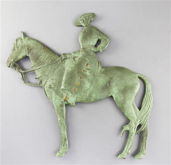 J. Valla. A green patinated bronze two sided relief plaque of a Spanish horsewoman, height 14.5in.